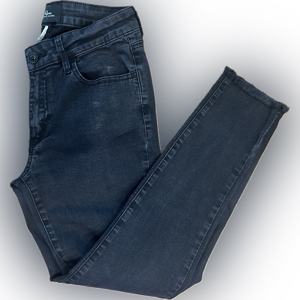 EUC A2 Jeans SZ 5 black skinny ankle jeans w/raw edge hem/waist 26”-30”